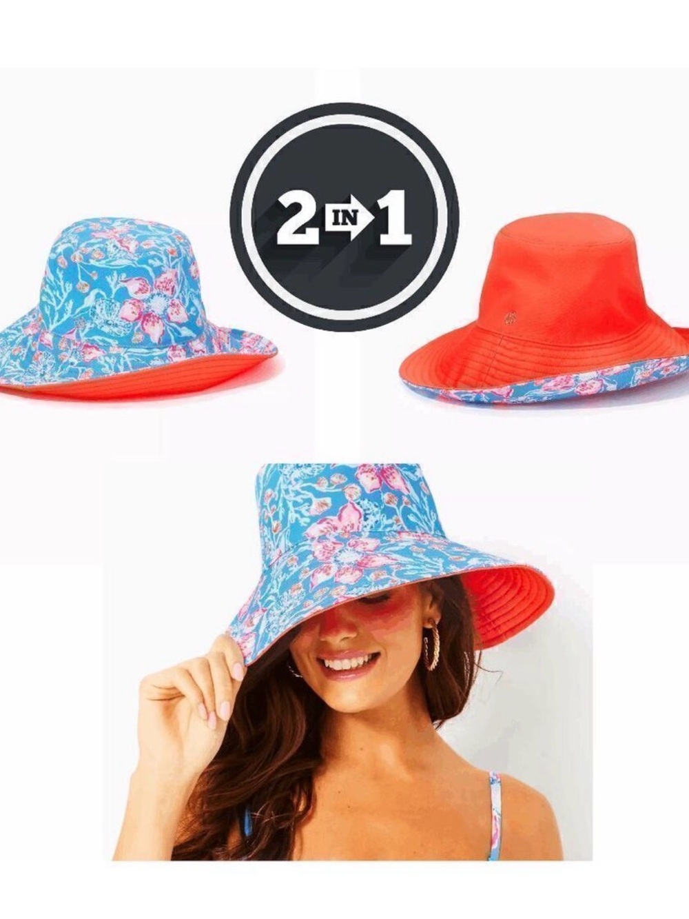 Lilly Pulitzer Reversible Bucket Hat in Blue Floral and Coral